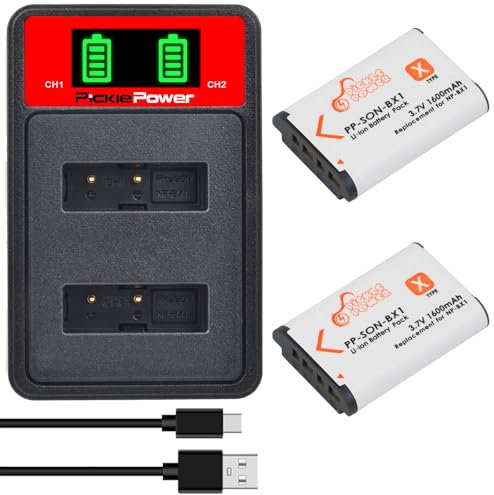 Pickle Power NP-BX1 batteria (2*1600 mAh) con Caricabatterie Doppio Slot per Sony ZV-1, Cyber-Shot DSC-RX100M II, DSC-RX100 II/III/M4/M5/M6/M7/Ⅳ/Ⅴ/Ⅵ/Ⅵ/Ⅶ/VA, WX500, WX350, HX99, HDR-AS300/AS50, MDR-MV1
