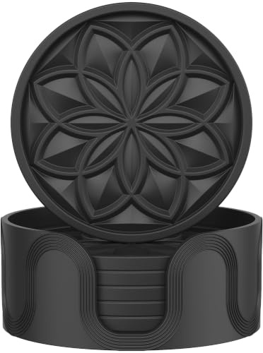 HFHOME Silicone Coasters Set with Holder - 6 Pack Drink Coasters for Coffee Table, Bar, Desk - Tabletop Protection Gift - Black