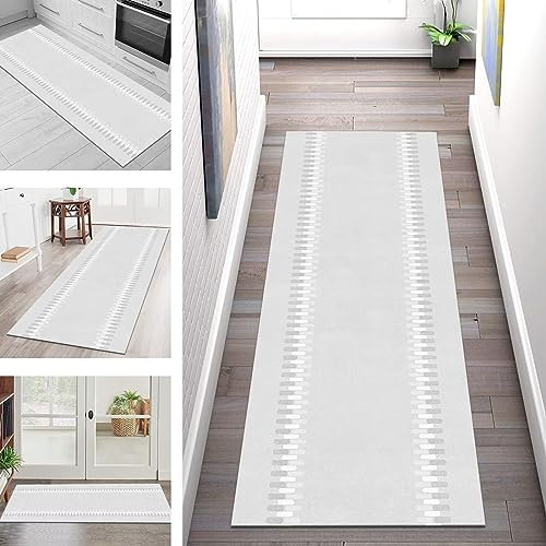 Teppich Läufer Lang Flur Küche rutschfest waschbar Küchenläufer Korridor Tepiche 60X350CM Grau Weiß Teppichläufer Teppichmatte Meterware Läufer Teppich für Schlafzimmer Wohnzimmer Breit 40-120cm