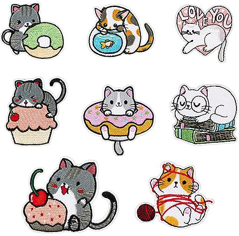 8PCS Cat Iron on Patches, Cute Sewing Applique, DIY Sew On/Iron On Embroidered Patch for Jackets, Jeans, Pants, Backpacks, Clothes