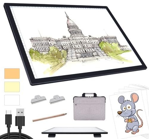 A3 Light Pad with Carry Bag, Battery Powered Diamond Painting Light Board, 3 Colours 6 Levels Brightness Tracing Light Box, Portable Rechargeable LED Light Pad for Weeding Vinyl Drawing