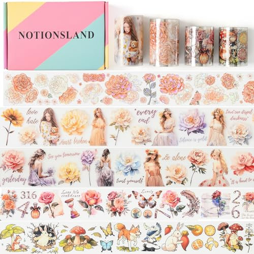NOTIONSLAND 4 Rolls ästhetisches Washi Tape Set, PET Washi Tape, Multi-Muster dekoratives Washi Tape für Journaling, Bullet Journals, Planer, Kunst für Handwerk