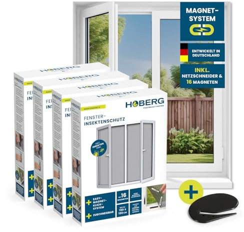 HOBERG mosquitera con fijación magnética | mosquitera ventana | mosquitera cortada a medida hasta 150 x 130 cm | 16 imanes | mosquitera ventana sin taladrar | juego de 4