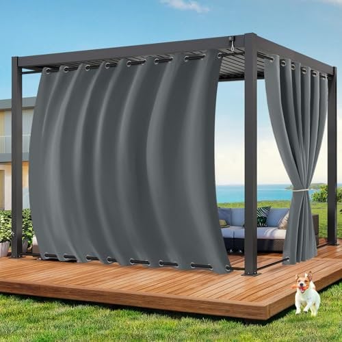 Qelus Outdoor Vorhang Wetterfest B254xH213CM, Wasserdicht Outdoorvorhänge mit Ösen, Aussen Gardinen Winddicht Sonnenschutz Sichtschutz für Garten Terrasse Balkon Pergola Pavillon (Grau)