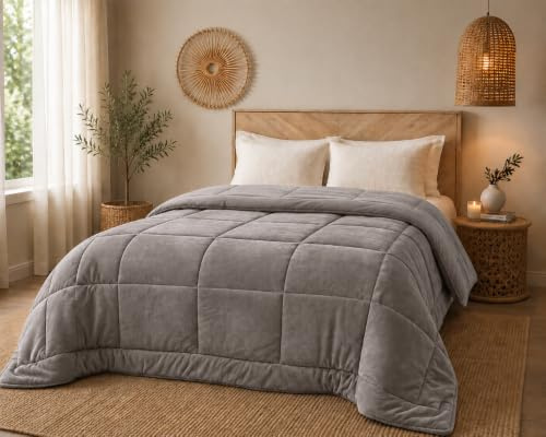 Trapunta Invernale Matrimoniale Imbottita in Morbida Microfibra da 540 gr/mq Tessuto Vellutato Piumino Caldo ad Effetto Flanellato Coperta Letto Invernale Misura 260x260 cm Mod. Velvet Colore Grigio