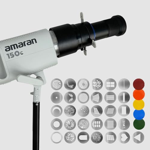 Bowens Mount Snoot Spotlight GOBO-Projektor – Kompatibel mit Aputure Amaran 60d, Amaran 100X/D, 200D/X, 150c/300c, 600x Pro, Godox SL60 usw. 5 Farbfilter, 31 Gobos