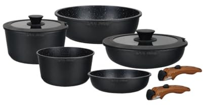 Royal Swiss® Kochgeschirr, Induktion, 9-teilig, 2 abnehmbare Griffe, Topfset mit Deckel für alle Herdarten - Beige - Töpfe und Pfannen ohne PFOA - PFAS (schwarzer Diamant, 9) (schwarzer, 9)