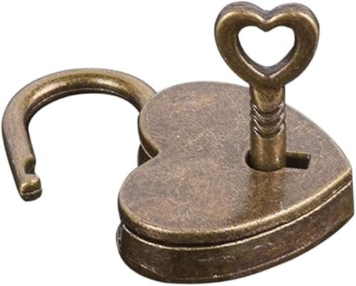 Lock Antique Brass Padlock with Key, Vintage Heart Shape Anti-Theft Mini Padlock Bag Travel Suitcase Luggage Box Case Key Keyed Padlocks
