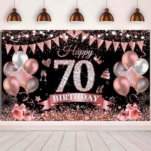 70.Geburtstag Banner Roségold Schwarz Deko 70. Geburtstag Frauen 70 Hintergrund Banner 70 Jahre geburtstagsbanner für 70 Frauen Geburtstag Party Deko