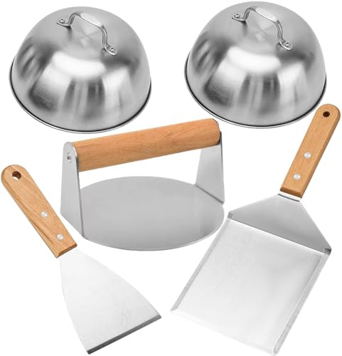 Mockotta 5 Stück Smash Burger Set aus Edelstahl für Plancha Gasgrill Teppanyaki, Burger Smasher Set inlk.2 Burgerglocke Burgerpresse Grillspachtel Pfannenwender Teppanyaki BBQ Grillbesteck Set