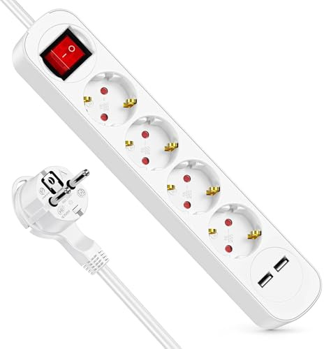 6-in-1 Steckdosenleiste mit 4 AC Steckdosen & 2 USB-A, 3M Kabel Flacher Stecker Überlastschutz Wandmontage Mehrfachstecker für Zuhause, Büro & Reisen Kompatibel