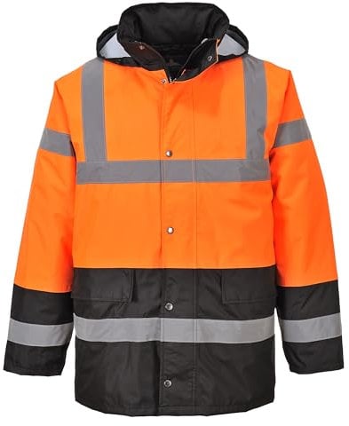 Portwest S467 Men's Hi Vis Contrast Winter Traffic Jacket EN342 CE Certified Waterproof Quilt Lined Storm Flap Reflective Tape Hood Safety Coat, Orange/Black, Large