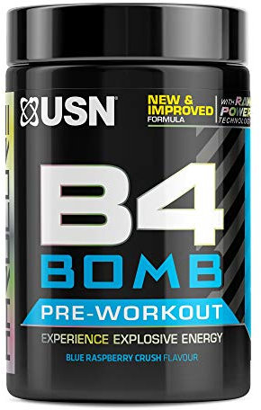 USN B4 Bomb Pre Workout Powder - 300g (20 Servings) Energy Drink Powder for Explosive Energy & Performance, 200mg Caffeine, 6000mg Citrulline, Creatine & 2000mg Beta Alanine - Blue Raspberry Flavour