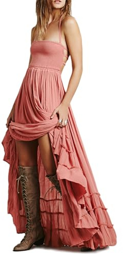 R.Vivimos Womens Summer Boho Sexy Backless Long Dresses, Pink, Small