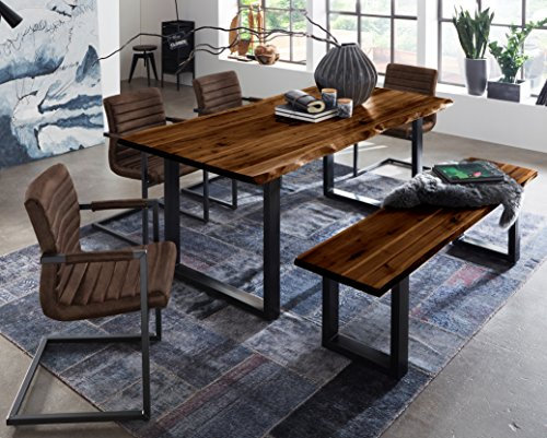 SAM 6 TLG. Essgruppe Quintus, Baumkantentisch 140x80 cm & -Bank 140x42 cm, Akazie-Holz nussbaumfarben, Gestell schwarz, 4X Schwingstuhl Parzivo Wildleder-Optik