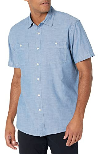 Amazon Essentials Men's Short-Sleeve Chambray Shirt, Medium Blue, Medium