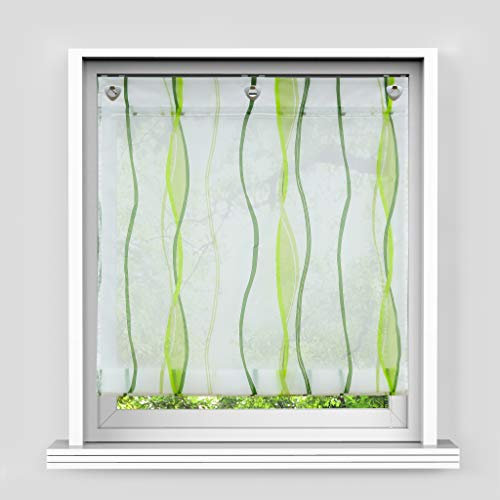 HongYa Raffrollo mit Wellen Druck Transparenter Voile Raffgardine Vorhang mit HakenösenH/B 140/120 cm Creme Grün
