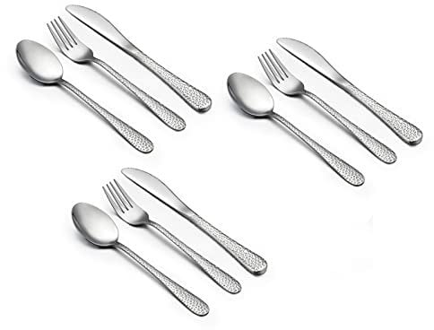 9 Piece Kids Cutlery Sets, Stainless Steel Child Toddler Flatware Silverware Set, Hammered Design Children Safe Utensil Set Include Knife/Fork/Spoon, Healthy & Mirror Polished, Dishwasher Safe