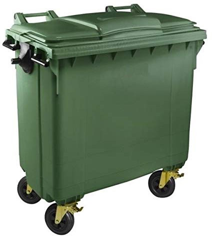 SSI Contenedor de Basura 770 litros con Tapa Plana - Ruedas con Freno, Desagüe Inferior, Cumple Normativa EN-840, Ideal para Grandes Volúmenes de Residuos y Reciclaje en Exteriores (Verde, 770 litros)