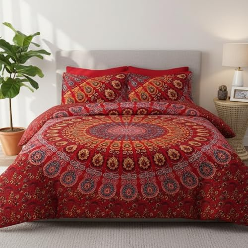 SHIRANYA Bettbezug-Set, 100% Baumwolle, Rot, Mandala, Queen, 3-teilig, indisch, ethnisch, wendbar, Bohemian-Stil, Tagesdecke, Decke (1 Bettbezug + 2 Kissenbezüge, Größe 223,5 x 208,3 cm)