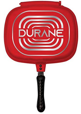 SQ Professional Durane Die-Cast Magic Pan 32cm Double Sided Stove Top Grill Pan Multifunction Deep Grill Ridges Steak Pan - Grill Pans (Red)
