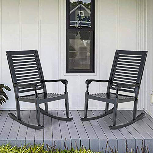 PHI VILLA Schaukelstühle für den Außenbereich, Akazienholz, Schaukelstühle für Terrasse, Deck, Balkon oder Veranda, 30° sichere Rückenlehne, 350 kg – 2 Stück, Schwarz