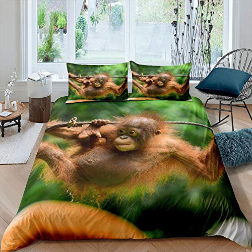 Monkey Green Bettwäsche-Set Primaten Bettwäsche Set 135x200cm Spiel verlassen Betten Set für Kinder Jungen Mädchen Teenager 2St.Reißverschluss Mikrofaser