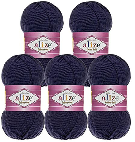 5 x 100g Strickgarn Alize Cotton Gold Uni Klassikgarn Häkelgarn Strick-Wolle Farbwahl, Farbe:58 marineblau