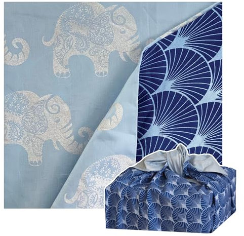 FabRap Furoshiki Stoff Geschenkverpackung, wiederverwendbare doppelseitige Stoffverpackung mit einem blauen Extravaganza mit Indigo Fans und Sky Elephants, für Geschenke und andere Zwecke