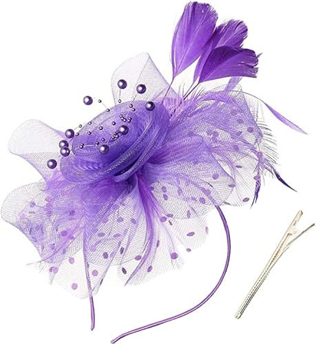 Fascinators Hat Flower Mesh Ribbons Feathers on a Headband and a Clip Tea Party Headwear for Women (Purple)