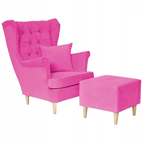 Family Meble Ohrensessel mit Hocker, Modell Gaja, Skandinavisch, Relaxsessel aus Webstoff, Loungesessel, Ohrensessel mit Hocker, Bequemer Sessel, Für Wohnzimmer, Esszimmer, Schlafzimmer, Fuchsie