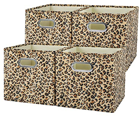 ANMINY Aufbewahrungswürfel aus Samt, faltbar, waschbar, 4 Stück, Aufbewahrungsboxen mit Griffen zum Organisieren und Aufbewahren, Leopardenmuster Gepard (Braun, 28 x 28 x 28 cm)