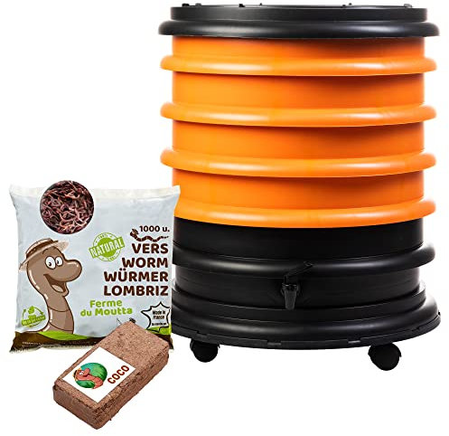 WORMbox | Wurmkomposter Wurmfarm Wurmkiste mit 4 Schalen Orange + 500g Kompostwürmer / 1000 STK + 1 Coco | 64 Liter | Regenwurmkomposter, Kompostwürmer produzieren Wurmhumus