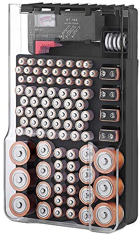 GOURIDE the Battery Storage Case,Organizer with Hinged Clear Cover, with Battery Tester, Holds 93 Batteries Various Sizes, Black