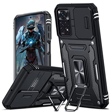 Hülle für Xiaomi Redmi Note 11 Pro 5G/4G/Note 12 Pro 4G Kameraschieber Schutz, Hybrid Handyhülle mit Kameraschutz Kickstand Ständer Metall Ring Hüllen, Militärqualität Stoßfeste Schutzhülle, Schwarz