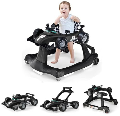 GOPLUS Trotteur Bébé Évolutif 4 en 1 Garçon Fille 6-18 Mois, Charge Max 15 KG, Trotteur Bebe Marche Pliable, Musique et Lumière, Hauteur Réglable en 3 Positions (Noir) 1.0 Pièce