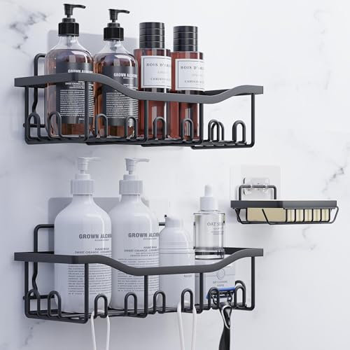 Eowihor Duschablage Ohne Bohren, 2 Stück Badezimmer Regal mit Seifenhalter, Rostfrei Schwarz Organizer für Shampoo und Duschgel
