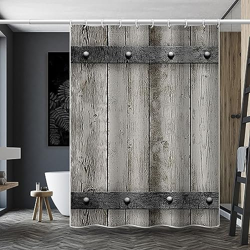 Lieson Duschvorhang Textil 180x180CM Grau, Polyester Anti Schimmel Duschvorhang Waschbar mit ÖSEN Holz Brett Muster Vorhang Badezimmer mit Haken
