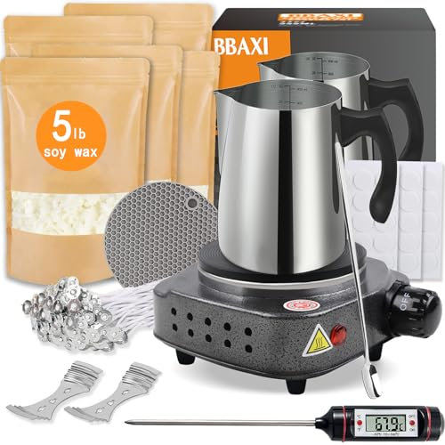 BBAXI Candle Making Kit with Hot Plate for Adults, Wax Melt for Melting Including Pouring Pot, Hot Plate, Soy Wax 5 Pounds, Stain Spoon, Wicks of