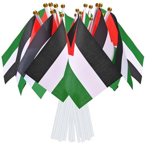Ahfulife 15/30/100 Banderas Palestinas, Banderas Palestinas Portátiles, con Postes Blancos de 30 cm, para Conferencias Nacionales, Decoración del Hogar interior y Exterior (14 × 21 cm, 30 pz)