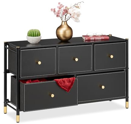 Relaxdays Kommode, HxBxT: 58,5 x 100 x 30 cm, 5 Schubladen, Sideboard Stoff & Stahl, Schubladenschrank, schwarz/Gold