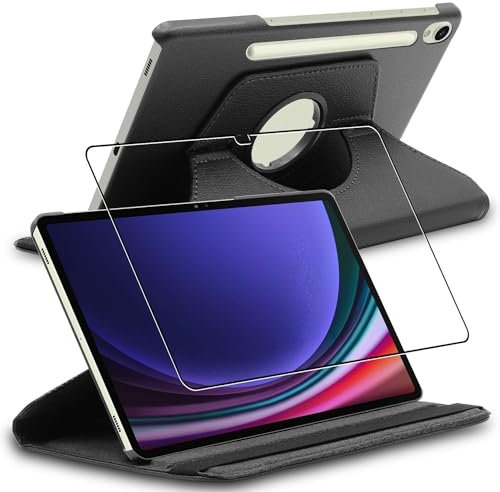 ebestStar - Cover per Samsung Galaxy Tab S9, 5G, Custodia Protezione Rotazione 360, Pelle PU, Nero + Vetro Temperato