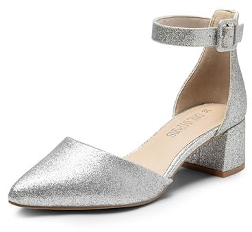 DREAM PAIRS Donna Scarpe con Tacco Largo Classici e Punta a Punta Décolleté con Cinturino alla Caviglia,Size 38,Argento Glitter,SDPU2438W-E