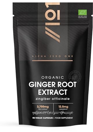 Organic Ginger Extract 3750mg – Standardised 5% Gingerols (12.5mg) - 90 Vegan Capsules (3 Months Supply) – Resealable and Recyclable Pouch by Alpha01