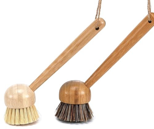 Dish Scrub Brushes Bamboo Handle Wooden Cleaning Scrubbers Brushes Stiff Bristles for Washing Kitchen Cast Iron Pan Pot (2PCS with Sisal Bristles & Palm Bristles with Long Handle)