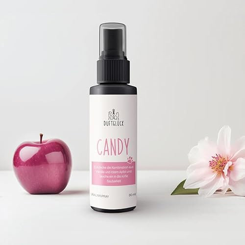 Duftglück Geruchsneutralisierer Candy - Neutralisierungsspray Hunde und Katzen Gerüche I Katzenurin Geruchsentferner I Raumspray gegen Hundegeruch I Duft: Apfel & Vanille I 60ml