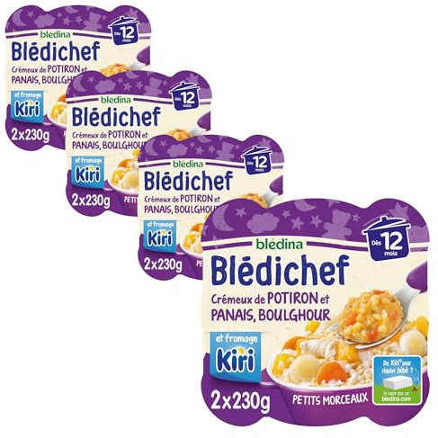 Blédina - Blédichef - Repas Bébé 12 Mois - Plats Bébé - Crémeux de Potiron et Panais; Boulghour et fromage Kiri - Petits Morceaux - Dès 12 Mois - Lot de 8 Assiettes de 230g