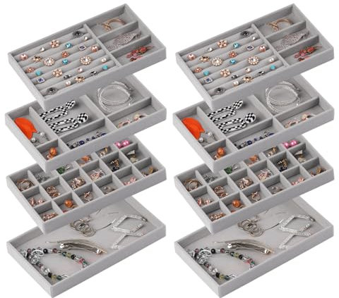 Afnkiom Schmuck-Organizer-Tablett, stapelbare Samt-Schmucktabletts, Set mit 8 Schubladeneinsätzen, Ohrring-Organizer für Damen und Mädchen, Schmuckaufbewahrung, Vitrine für Ringe, Ohrstecker,