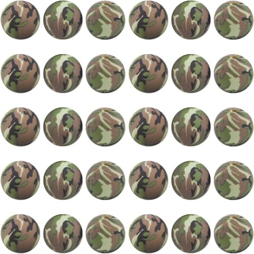 SUNNYCLUE 1 Box 30Pcs Camouflage Printed Bead 15mm Green Printed Silicone Round Beads Bulk Soft Rubber Flower Pattern Focal Loose Spacer Lanyard Beads for jewellery Making DIY Necklace Bracelet Crafts