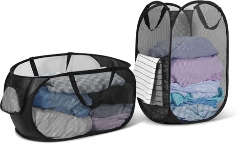 WUFANC Pop Up Wäschekorb Faltbar 2 Stück (34*34*60cm/28*33*59cm) , Wäschekorb Klappbar aus Netzmaterial, Faltbarer Wäschekorb mit Henkel für Badezimmer Camping College Dorm Und Reisen Wäsche(Schwarz)